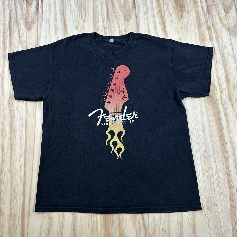 Y2K Vintage Fender Guitars Men's Large Black Faded Graphic T Shirt Rock Tee